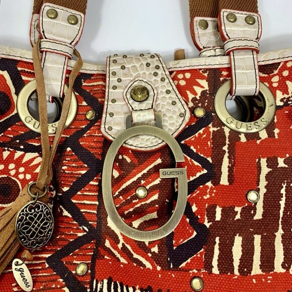 GUESS Women AFRICA Shoulder Hand Bag TOTE Tribal Print Colorful Moc Croc - Picture 3 of 11